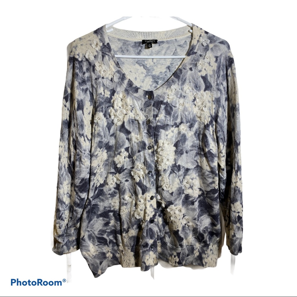 Talbots Gray Floral Cardigan with Appliqué Flowers